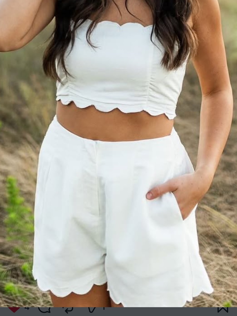 White Scalloped Hem High-Waist Women's Shorts and Tank set